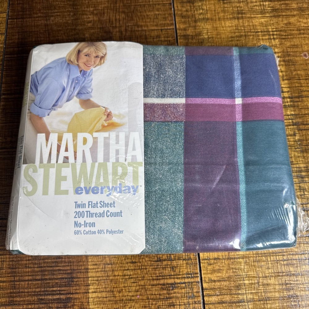 Vtg Martha Stewart Twin Flat Sheet Navy Green Plaid 200 Thread Count 1997 NOS